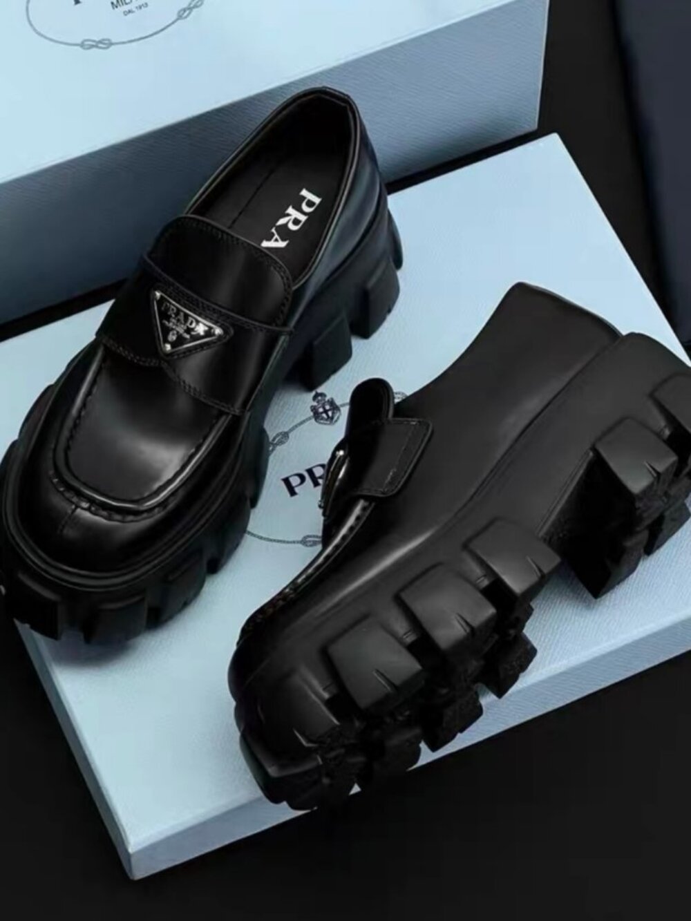 Prada Black Chunky Lug Sole Loafers